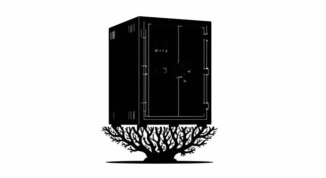 Secure safe resting on a strong, expansive tree root system, symbolizing stability and growth.