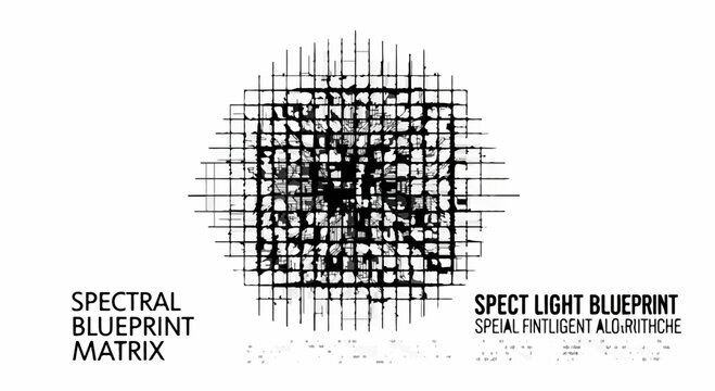 Abstract digital matrix with spectral blueprint and intelligent algorithm text overlay