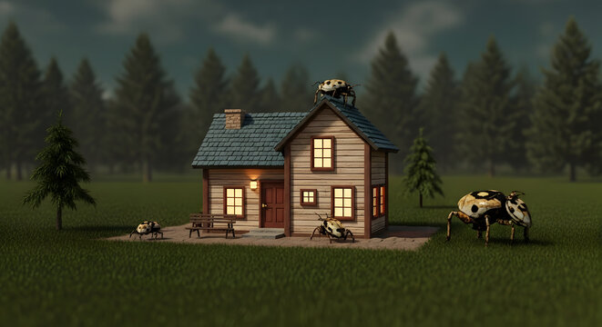 Surreal scene of giant beetle-like insects crawling around and on top of a small wooden cottage in a forest