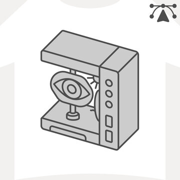 Vision testing machine isometric icon, optometry concept. Vector graphics. Eye examination sign and editable stroke, outline style icon for mobile or web design.
