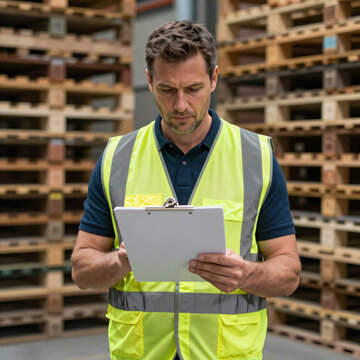 Warehouse manager checking inventory on a clipboard in a storage facility