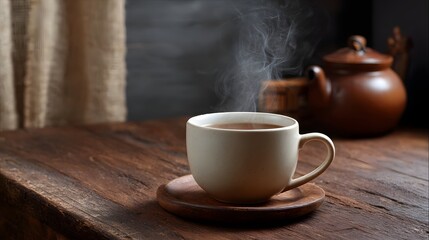 Fototapeta premium A steaming cup of coffee resting on a rustic wooden saucer set in a warm moody environment with natural textures