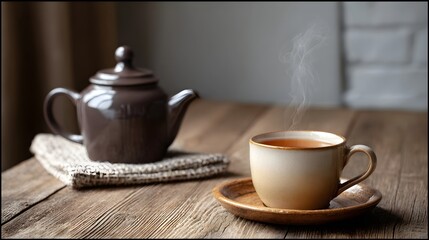 Fototapeta premium Steaming hot cup of tea or coffee placed on a saucer next to a vintage teapot on a rustic wooden surface