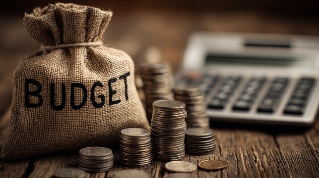 Budget bag sits on wooden table. Stacks of coins lie beside a calculator. Warm tones suggest financial planning. Ideal for budgeting, saving, or financial management. Focus on practicality
