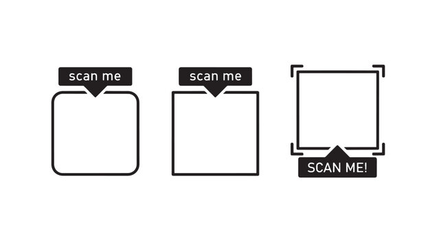 Scanner scan me icon set with empty document and screen frames for UI design and app interface promotion featuring black badge, digital workflow,
