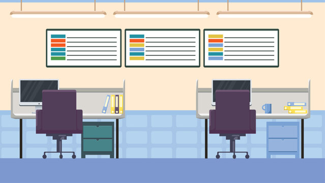 Vector open space office interior with workstations. Flat design workspace scene with desks, computers, chairs, and data screens. Corporate background for IT, fintech, and business animation.