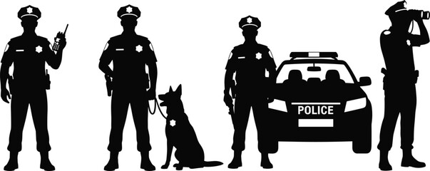 police, officer, patrol, car, k9, dog, silhouette, security, law, enforcement, radio, surveillance, professional, illustration, set © MSTMONIRA
