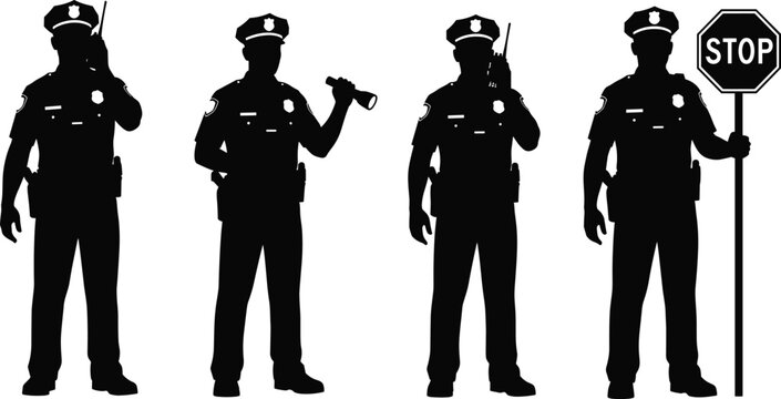 Police, officers, silhouette, holding, stop, sign, radio, flashlight, set, vector, illustration, on, white, background, security