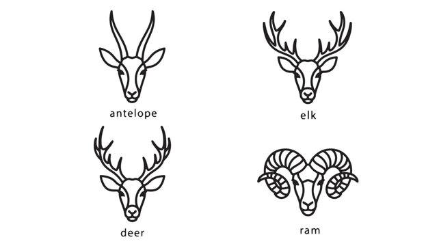 Antelope, elk, deer, and ram head icons with horn outlines in black line art for wildlife and hunting logos featuring antler, safari, vector style
