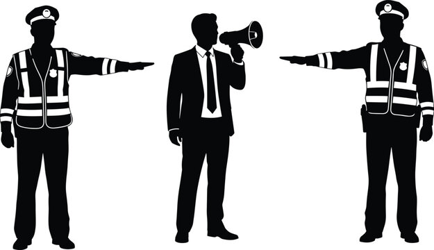 Traffic Police Silhouette Set With Businessman Using Megaphone Standing Between Officers Directing Motion On White