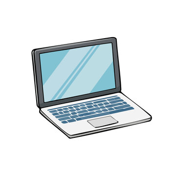 Open modern laptop computer with blue screen and keyboard for technology and business