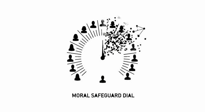 Abstract representation of declining moral compass with human icons on a dial
