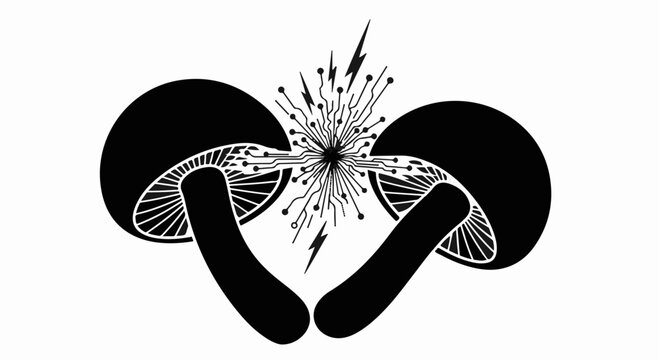 Futuristic mushrooms connected by glowing circuits and lightning bolts, symbolizing nature's technology.