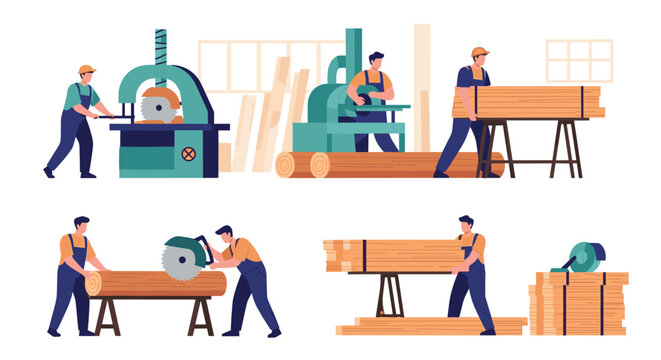 Skilled woodworkers using various industrial saws and tools to cut timber and stack lumber in a busy carpentry workshop or furniture factory.