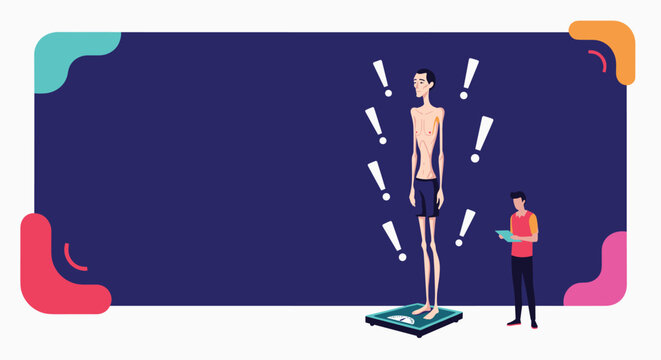 Severely underweight man stands on a scale while an observer takes notes, highlighting health issues related to nutrition and body weight.