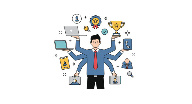 Highly efficient businessman illustrated with multiple arms to represent multitasking several office duties and achieving professional goals.