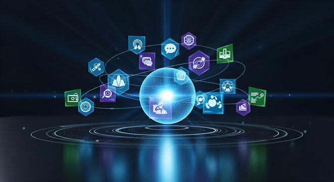 network connection icons surrounding a glowing blue sphere isolated on transparent background