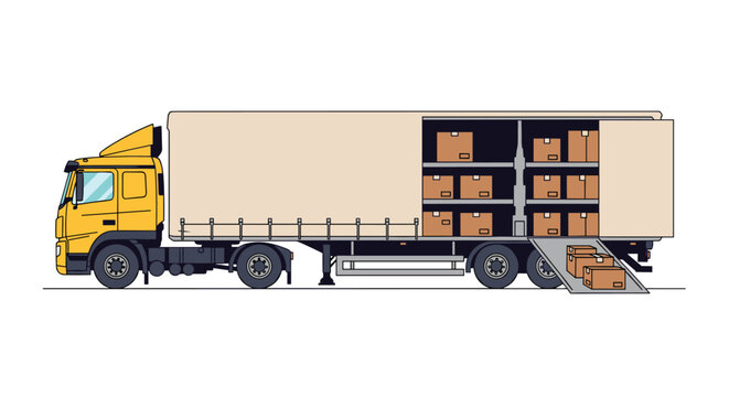 Large yellow commercial semi-truck trailer being loaded with several brown cardboard boxes on a ramp for efficient logistics and distribution services.