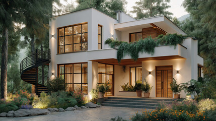 Fototapeta premium Modern Home in Natural Harmony: A stunning contemporary residence nestled amidst lush greenery, showcasing sleek architectural lines and expansive windows that merge indoor and outdoor spaces