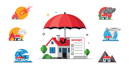 Fototapeta premium Comprehensive home insurance concept depicting a residential house protected by a large red umbrella from various natural disasters and accidents.