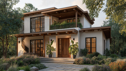 Fototapeta premium Architectural Elegance: A beautifully designed modern house with a touch of nature, showcasing architectural harmony and inviting charm.
