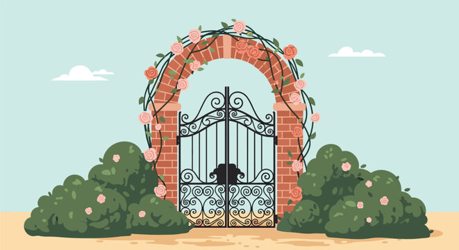 Elegant wrought iron garden gate set within a red brick archway and beautifully decorated with climbing pink roses in a serene landscaped garden setting.