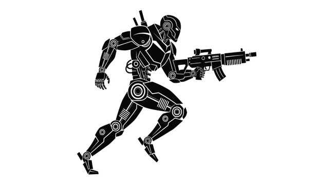 silhouette of a running robotic soldier with weapon futuristic black and white illustration on a white background high quality professional detailed modern elegant stylish