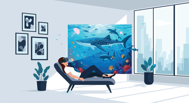 Woman relaxes on a lounge chair wearing a virtual reality headset while experiencing a vivid and immersive underwater scene with fish and whales.