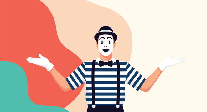 Professional mime artist in a classic striped shirt and black hat with traditional white face paint gesturing with both hands in a performance.