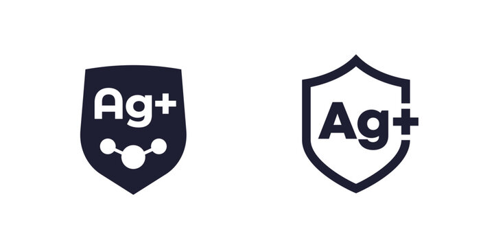 Silver ions icons, antibacterial protection vector labels with shield