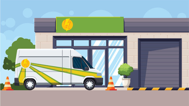 Vector office building exterior with delivery van. Flat design storefront scene with garage door, service vehicle, and traffic cones. Logistics, technical support, and small business background.