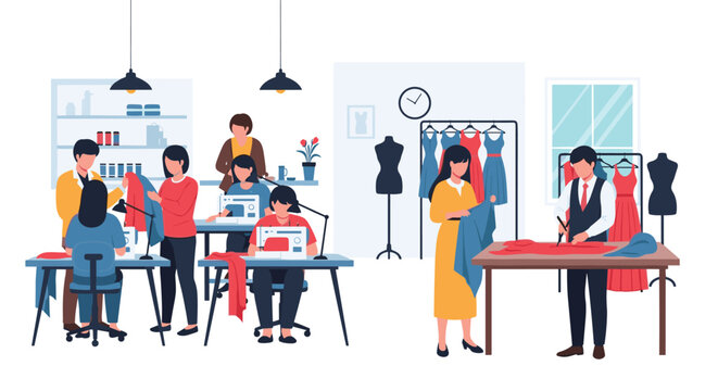 Busy clothing factory scene with multiple seamstresses and tailors working on sewing machines, cutting fabric, and managing garments in a studio.