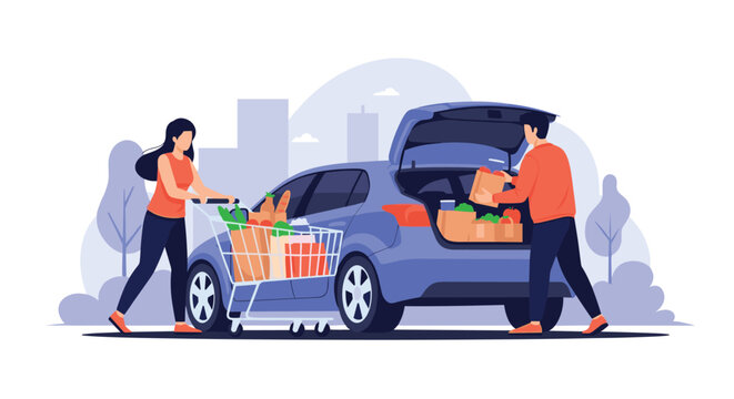 Young couple loading many paper bags filled with groceries from a shopping cart into the trunk of their blue car.