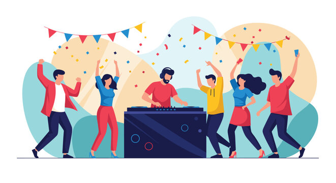 Enthusiastic crowd of people dancing and celebrating at a party with a DJ and colorful festive decorations and confetti.