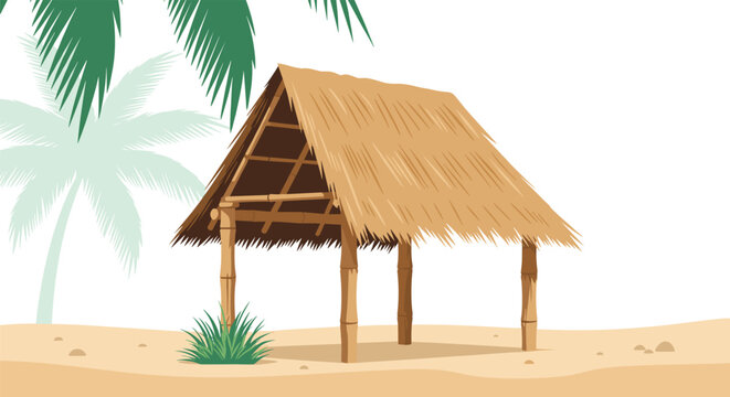 Traditional tropical hut with a thatched roof situated on a quiet sandy beach with palm trees under a bright white sky.