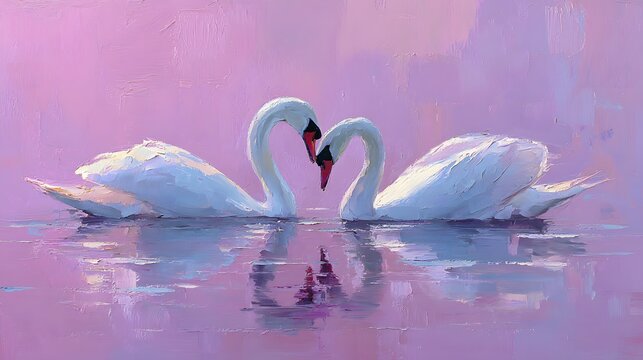 Two white swans form a heart shape while swimming in a pink-toned body of water.