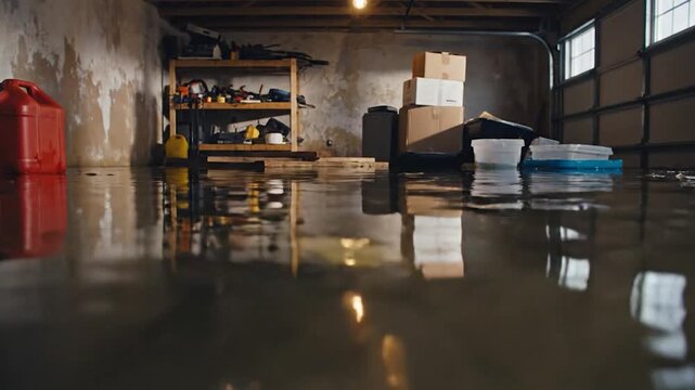 Flooded Basement Storage Area with Boxes and Shelving.