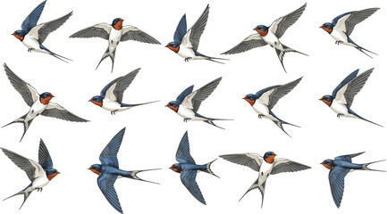 Vector illustration of barn swallows in dynamic flight positions with detailed wings and plumage in decorative design © Mossadessur Rahman