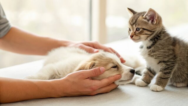 A person gently pets a sleeping dog while a curious kitten watches nearby on a soft surface in a cozy indoor setting.
