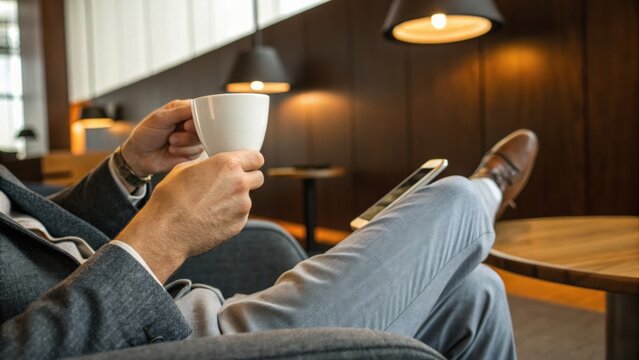 A person relaxing in a cozy cafe, holding a white cup while seated comfortably with legs crossed on a chair.