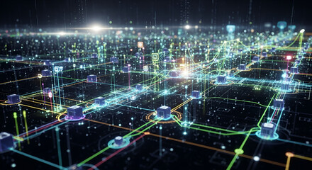 Obraz premium neon-lit futuristic network visualization with glowing nodes and connections isolated on transparent background
