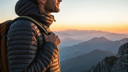 Naklejka premium Man in a puffer jacket enjoying a mountain sunrise with layered peaks and a colorful sky in the background.