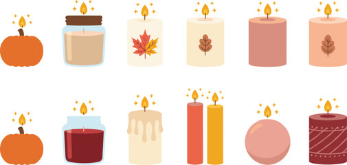 Vector illustration of autumn candles and pumpkins with seasonal motifs in cozy decorative design © Creative Stoker