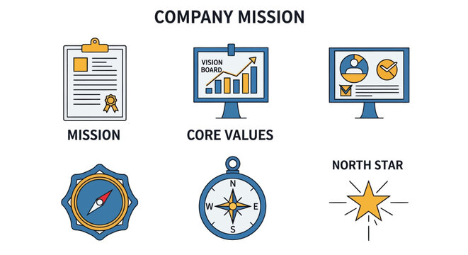 Company mission and core values concept with business icons