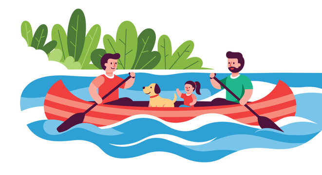 Happy family with their dog enjoying a day of rowing a red canoe on the calm waters of a blue river in the forest.