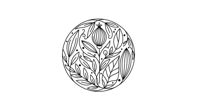 Hand-drawn floral emblem, botanical circle, line art, elegant design