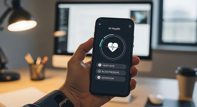 Person's hand holding a smartphone displaying an "ai health" app interface with a heart and vital signs like heart rate, pressure, and saturation