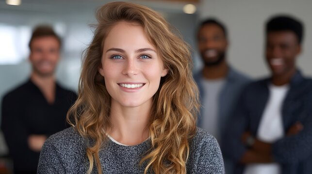 Cheerful portrait of a professional woman with colleagues standing behind her in a modern supportive office setting