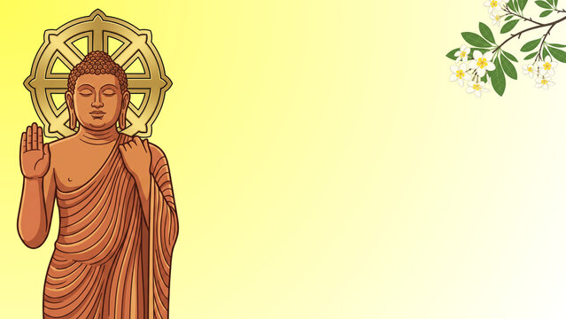 Lord Buddha statue with golden Dharmachakra and frangipani flowers on yellow gradient background for Vesak