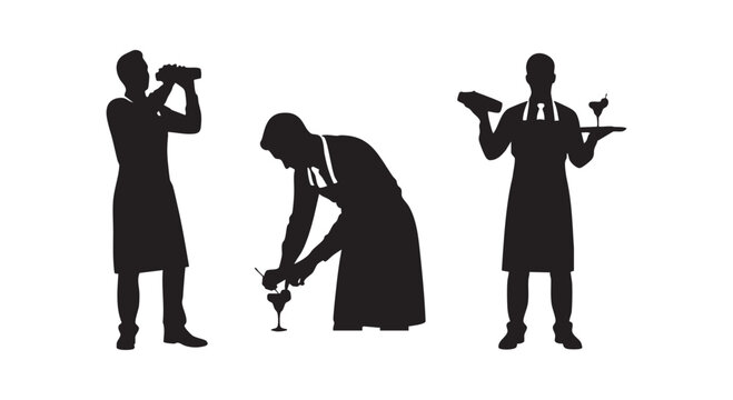 Bartenders silhouettes, professional mixologists preparing and serving drinks, detailed vector illustration set isolated.
